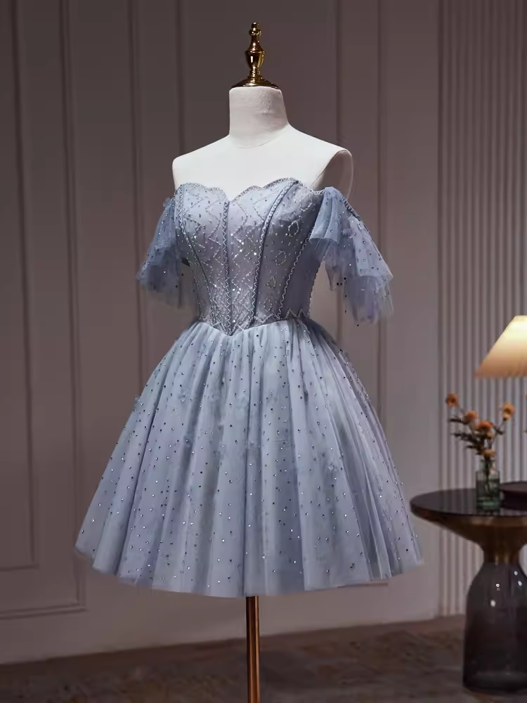 Sexy A line Off The Shoulder Tulle Gray Blue Homecoming Dresses
