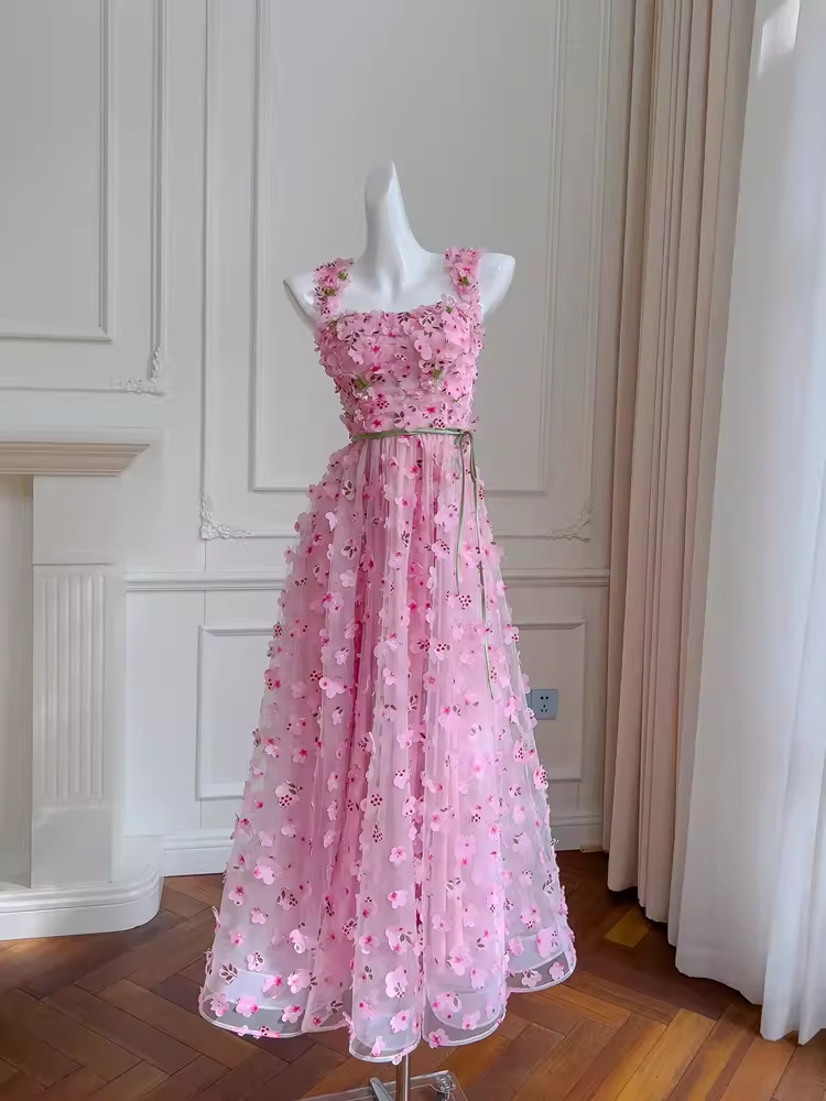 Cute A Line Pink Tulle Flowers Long Prom Dress