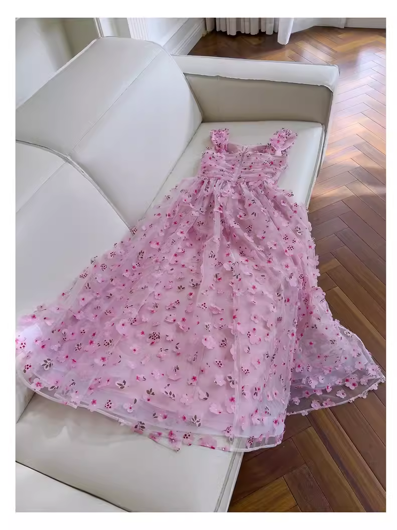 Cute A Line Pink Tulle Flowers Long Prom Dress