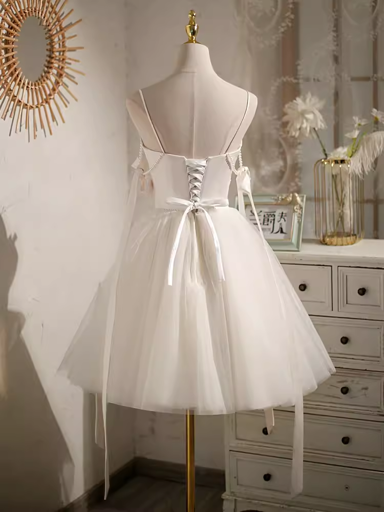 Sexy A line Spaghetti Straps Tulle White Short Homecoming Dresses