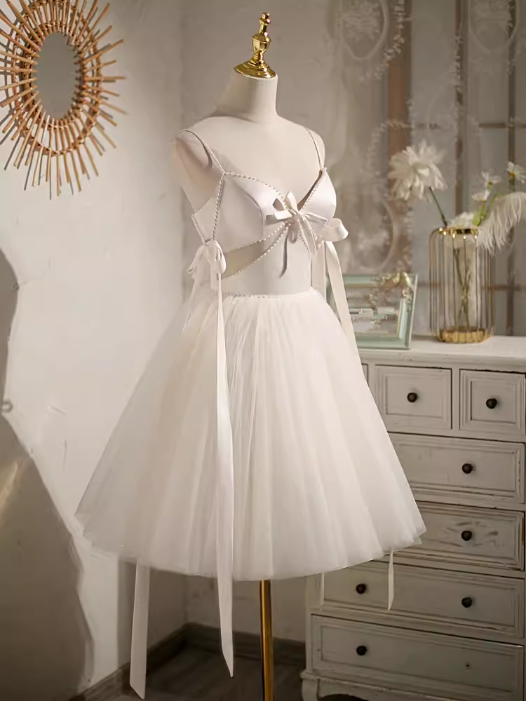 Sexy A line Spaghetti Straps Tulle White Short Homecoming Dresses