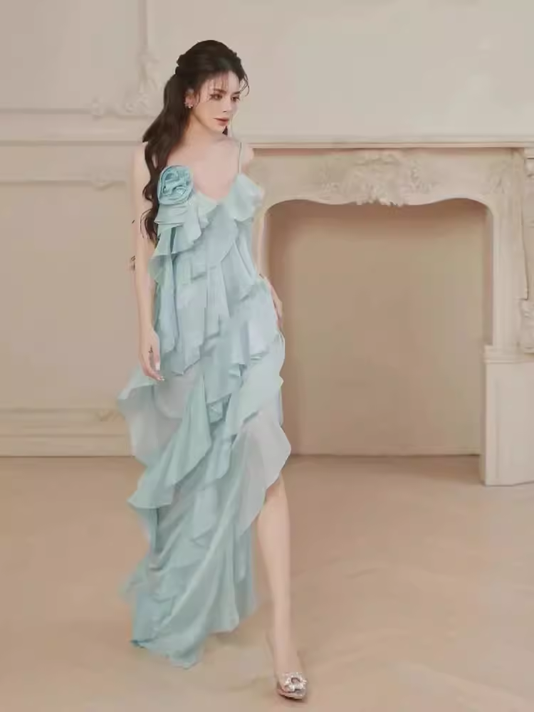 Simple A Line Spaghetti Straps Sleeveless Slit Chiffon Prom Dress