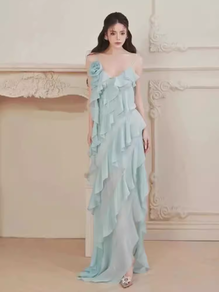Simple A Line Spaghetti Straps Sleeveless Slit Chiffon Prom Dress