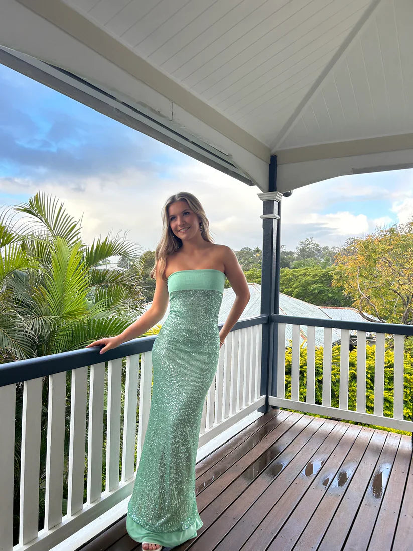Elegant Mint Green Fitted Strapless Sequined Long Prom Dress Evening Dress
