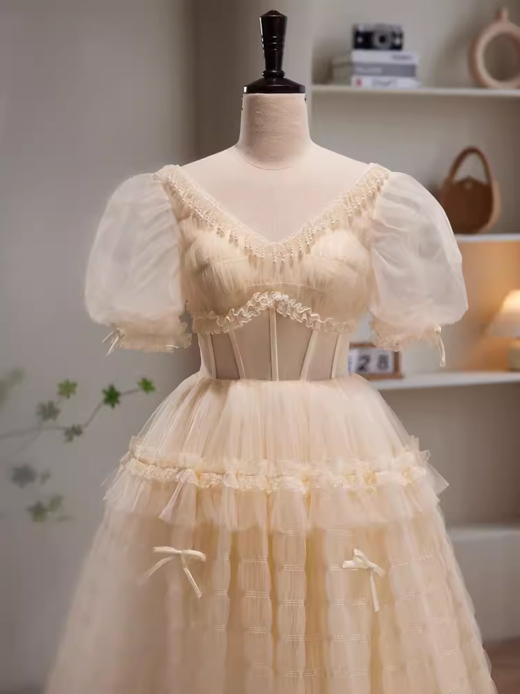 Fairytale A Line V neckline Short Sleeves Tulle Long Prom Dress