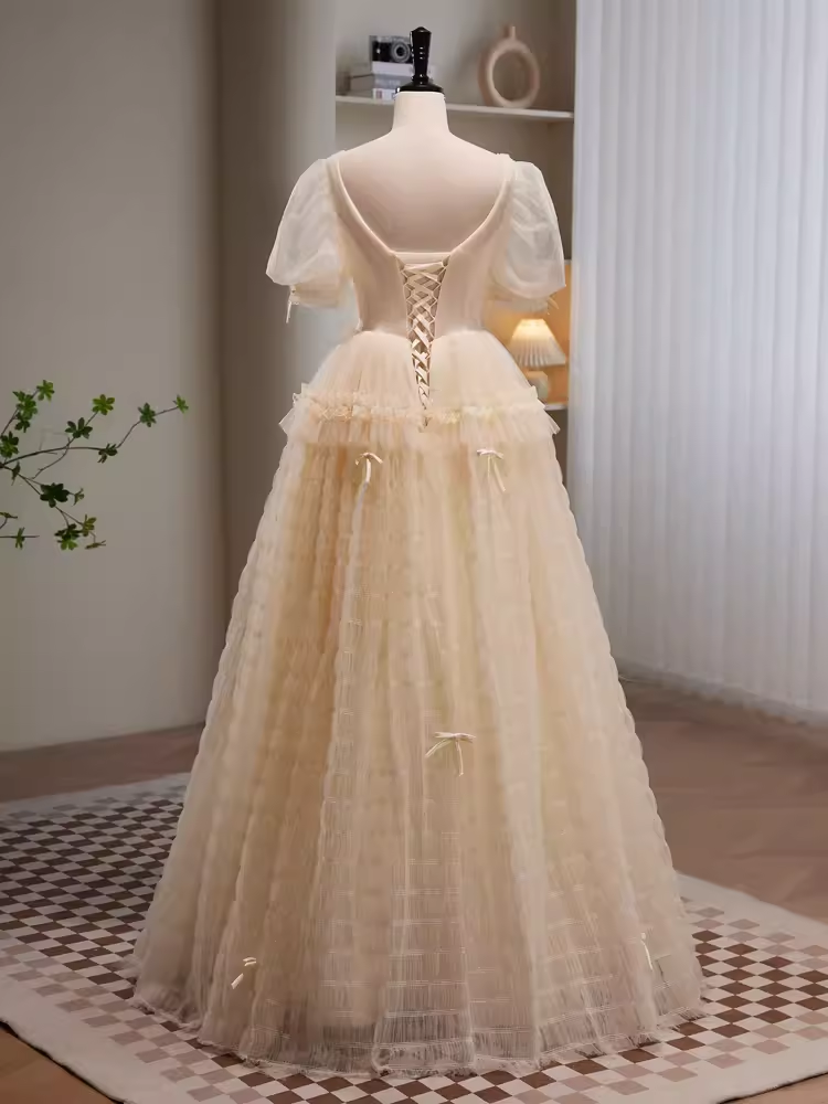 Fairytale A Line V neckline Short Sleeves Tulle Long Prom Dress