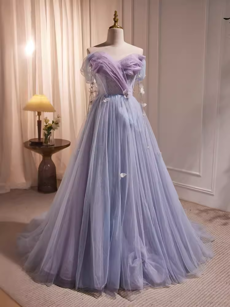 Fairytale A Line Off The Shoulder Short Sleeves Tulle Long Prom Dress
