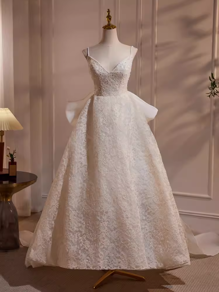 Fairytale High Low Spaghetti Straps Lace White Wedding Dresses