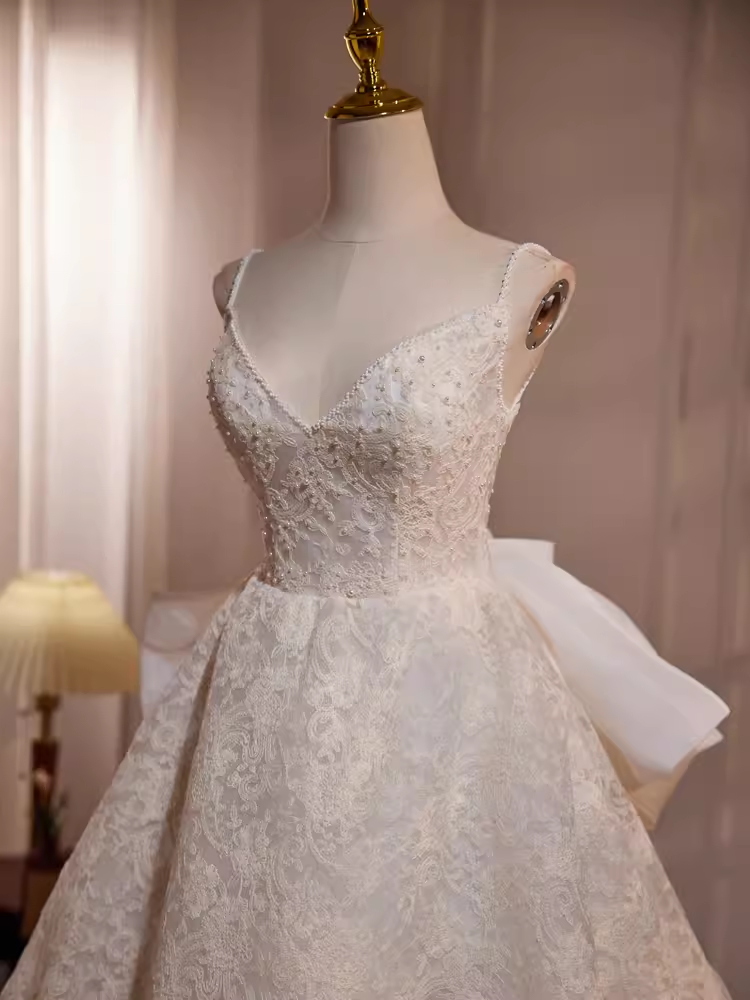 Fairytale High Low Spaghetti Straps Lace White Wedding Dresses
