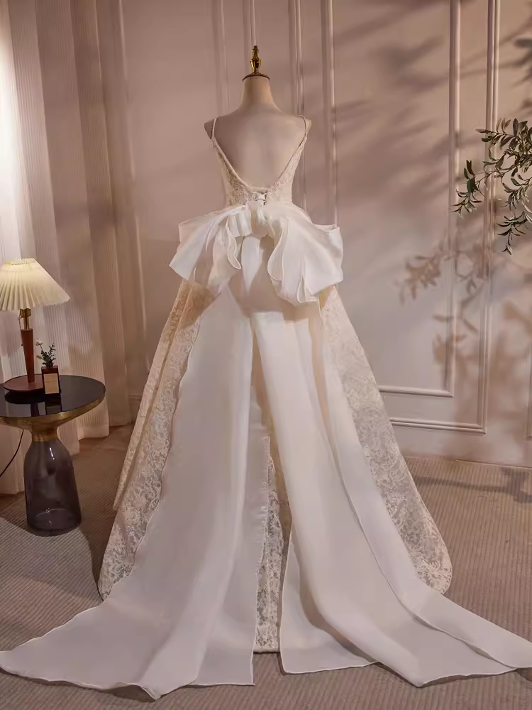 Fairytale High Low Spaghetti Straps Lace White Wedding Dresses