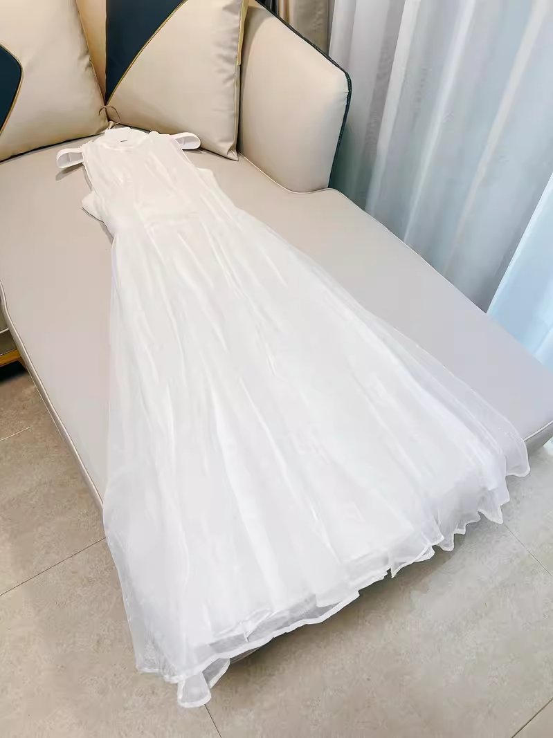 Simple A line High Neckline Tulle White Prom Dress