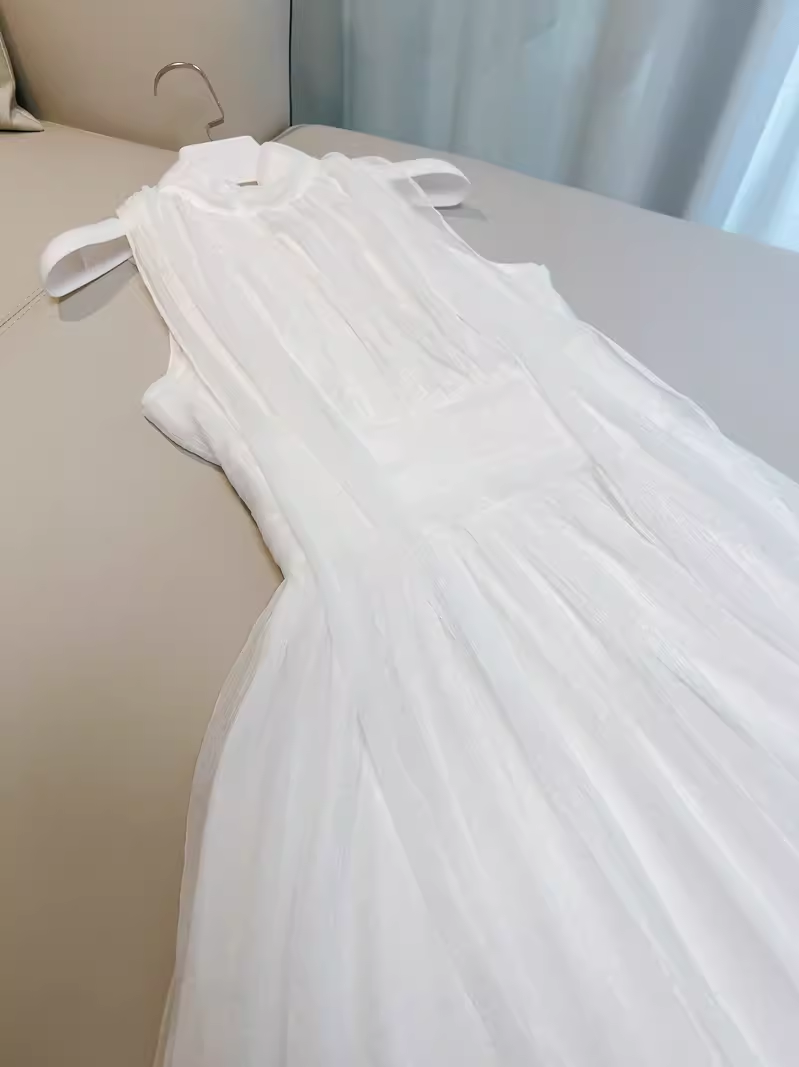 Simple A line High Neckline Tulle White Prom Dress