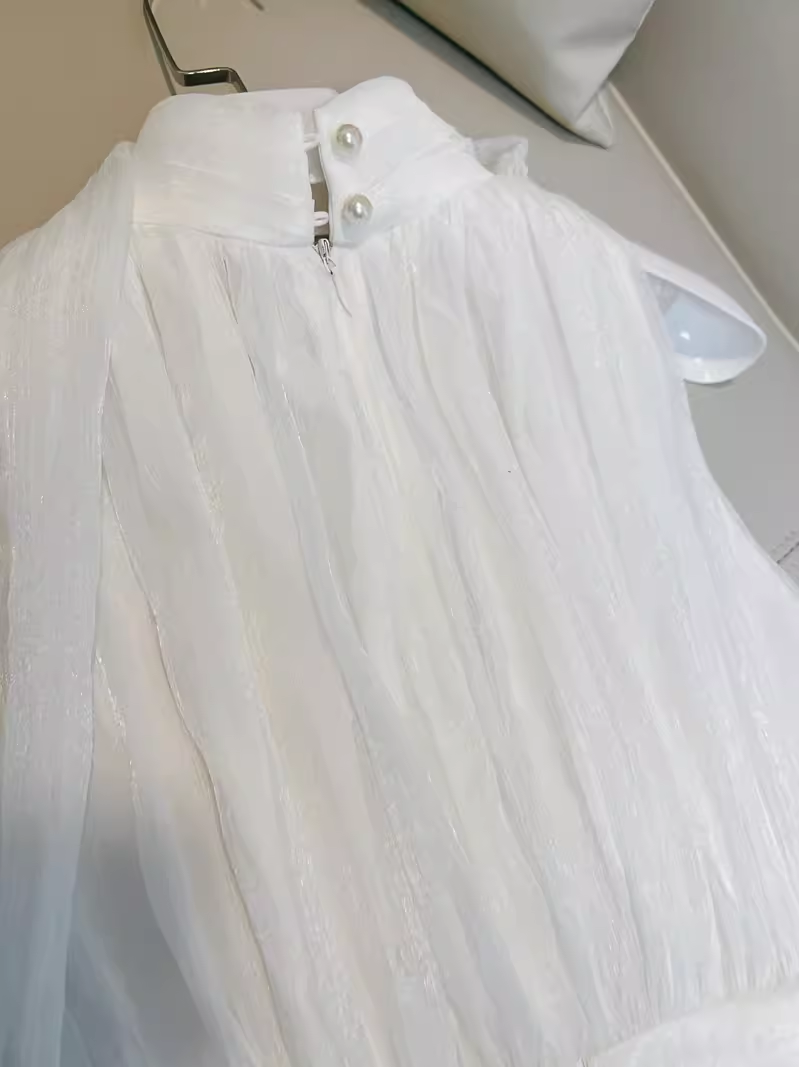 Simple A line High Neckline Tulle White Prom Dress