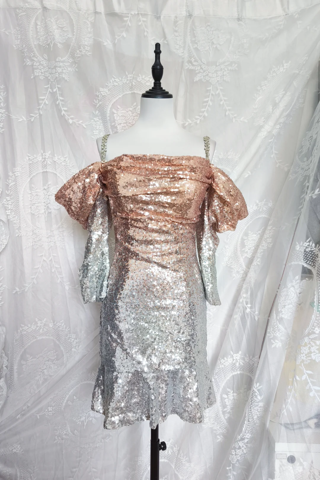 Vintage Champagne Ombre Sequin Cocktail Dress Off The Shoulder 6th Grade Homecoming Dresscc