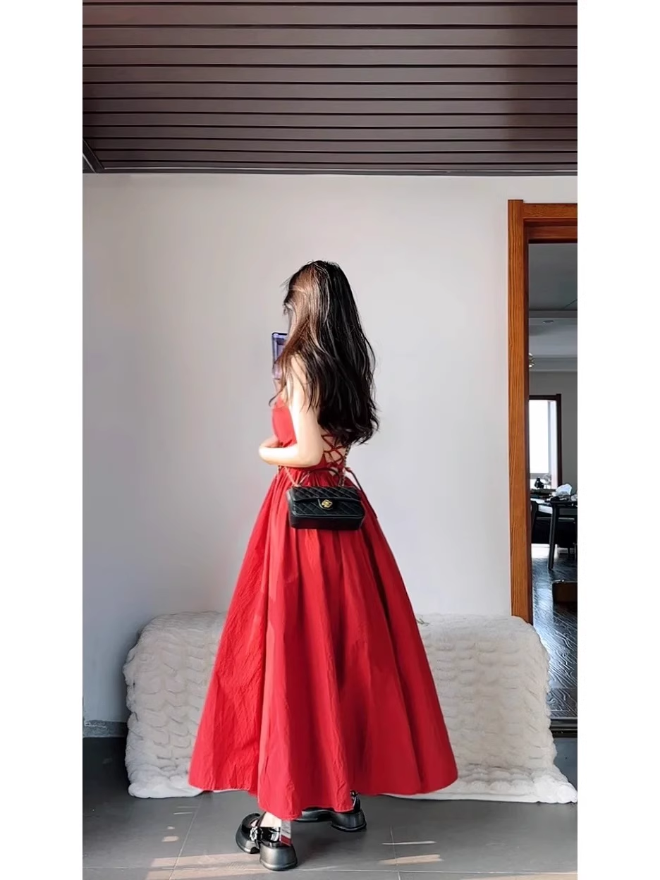 Chic A Line Spaghetti Straps Red Backless Ruffles Long Prom Dresses Birthday Outfits