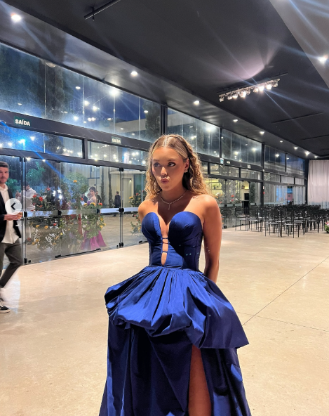 Stylish Royal Blue Strapless Satin Pleated Long Wedding Guest Dress Evening Dress