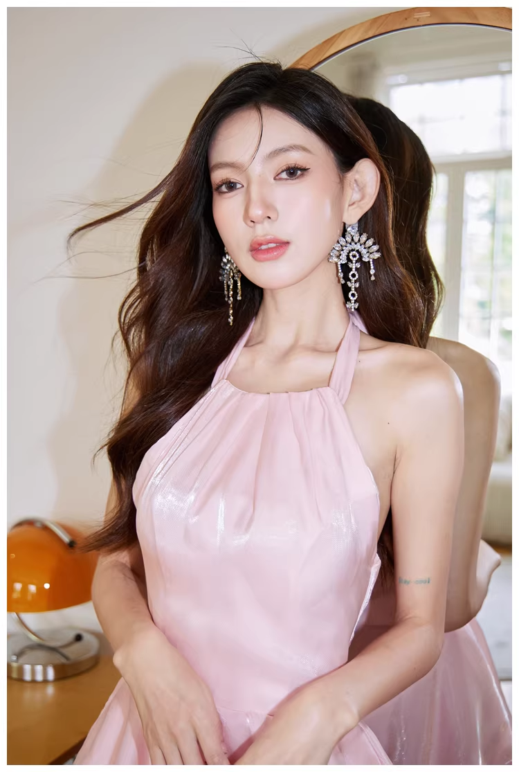 Classy Halter Pink Satin Ruffles Long Birthday Party Dress Evening Dress