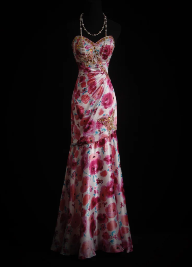 Charming Strapless Satin Floral Beaded Mermaid Long Birthday Prom Dress Evening Dress
