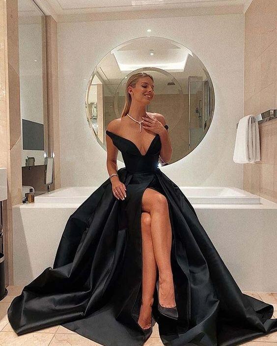 Elegant A-Line Off the Shoulder Black Long Prom Evening Dresses with Front Slit