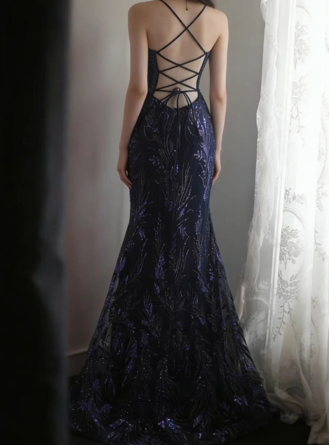 Luxurious Spaghetti Straps Tulle Sequin Mermaid Long Party Dress Navy Blue Evening Dress