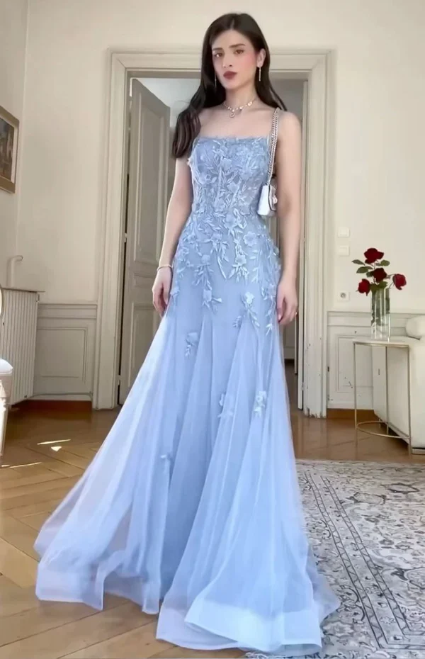 Charming Blue Mermaid Tulle Appliques Evening Dress,Long Prom Party Dress