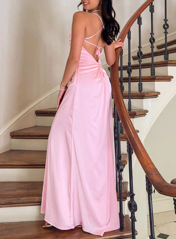 Spaghetti Straps Pink Satin Backless A Line Prom Dress Long Party Evening Dress