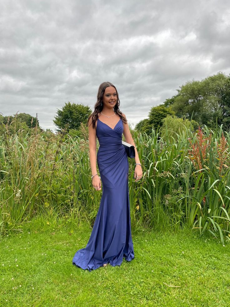 Sexy V Neck Navy Blue Satin Mermaid Side Slit Evening Dress Long Prom Dress