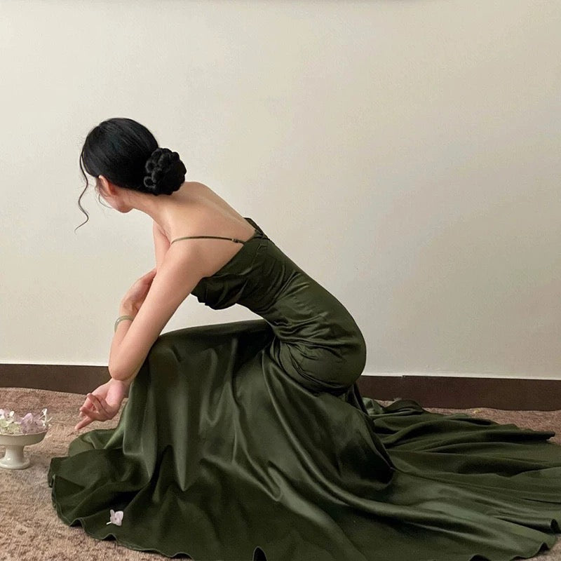 Simple Sheath Spaghetti Straps Floor Length Olive Green Long Party Dresses Birthday Outfits