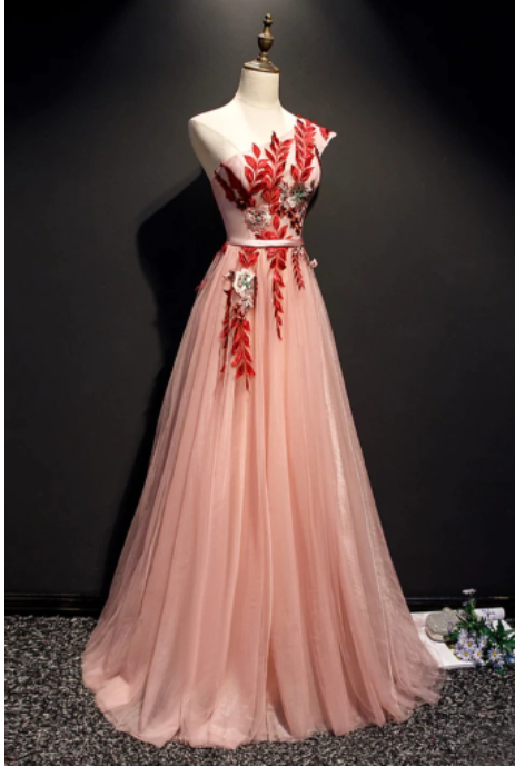 A Line One Shoulder Tulle Red Applique Long Prom Dress Evening