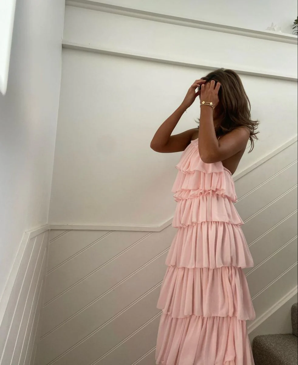 Pink Sleeveless Layered Long Prom Dress,Pink Evening Dress