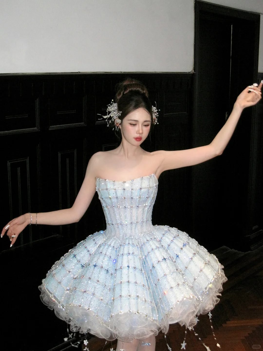 Glitter Blue Strapless Tulle Sequin Beaded A Line Short Homecoming Dress 18th Princess Birthday Outfits