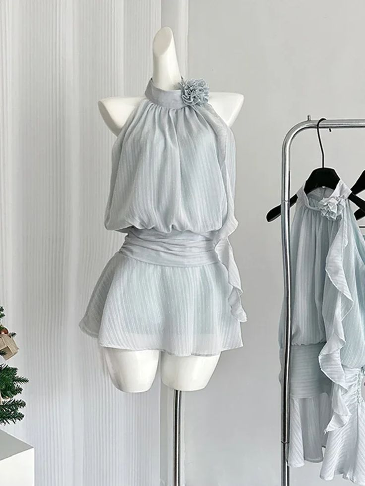 Blue Mini Sleeveless Chiffon Dress Women Frock Vacation Dress