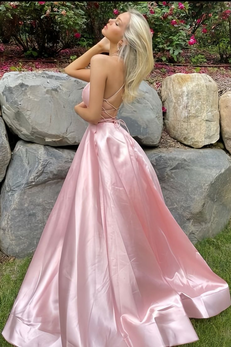 Gorgeous Pink Satin Slit Backless Evening Dress,A Line Prom Party Dress