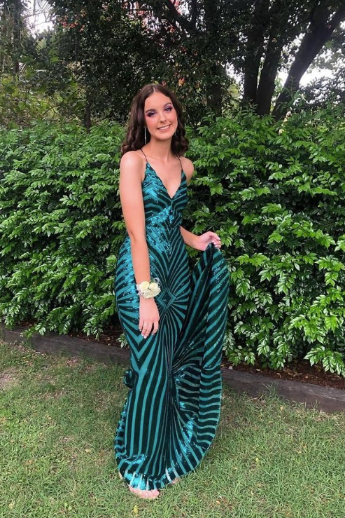 Plunge Dark Green Mermaid Sequined Long Formal Dress Prom Dress