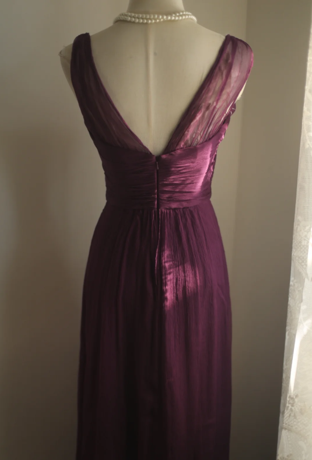 Charming Purple V Neck Tulle Long Wedding Guest Dress Formal Evening Dress Prom Dress