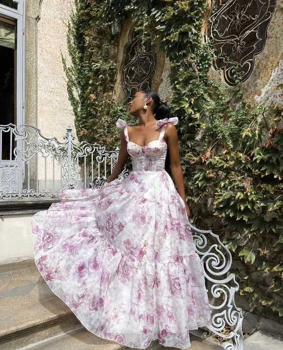 Classy Rose Print Floral Chiffon A Line Prom Evening Dress,Long Party Gown