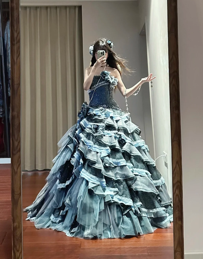 Shiny Strapless Tulle Satin Beaded Ball Gown Blue Layered Sweet 16 Dress Quinceanera Dress