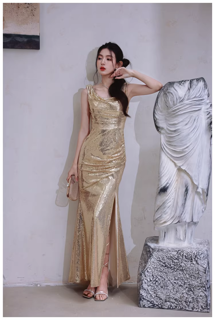 Fashion Gold Sleeveless Sequin Slit Mermaid Long Evening Dress Formal Wedding Guest Dress