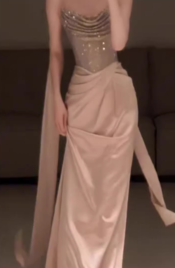 Elegant Strapless Sequin Satin Pleated Mermaid Long Party Dress Birthday Prom Dresses