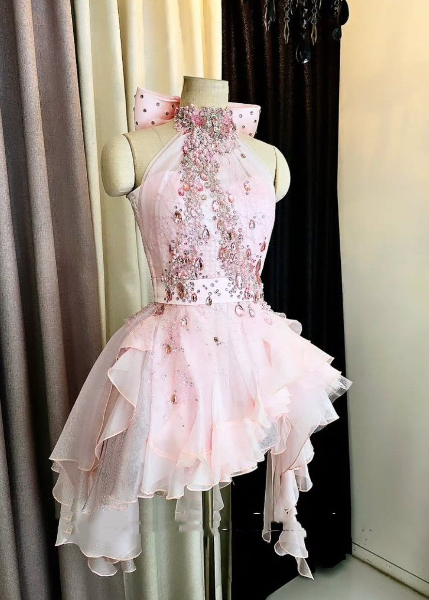 Pretty Halter Pink Chiffon Beaded A Line Short Homecoming Dress Birthday Outfits
