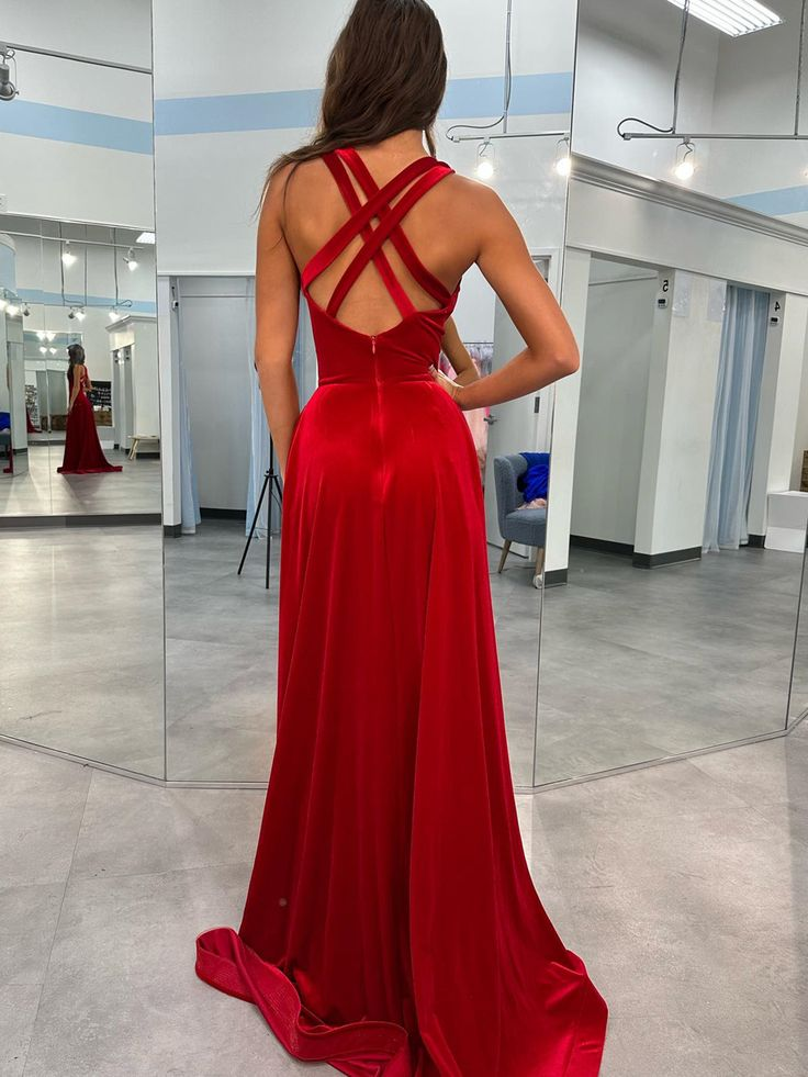 V Neck Velvet Long Prom Dresses with Cross Back