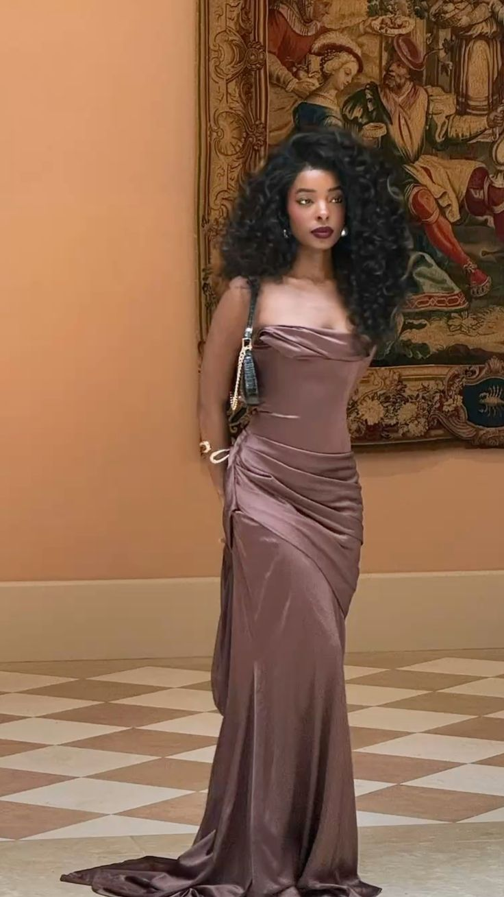Vintage Brown Strapless Satin Pleated Mermaid Evening Dress Formal Long Wedding Guest Dress