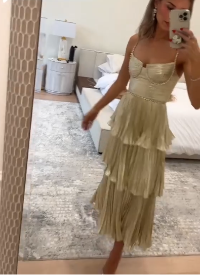 Stylish Gold Spaghetti Straps Satin Pleated Layered Long Wedding Guest Dress Evening Dress