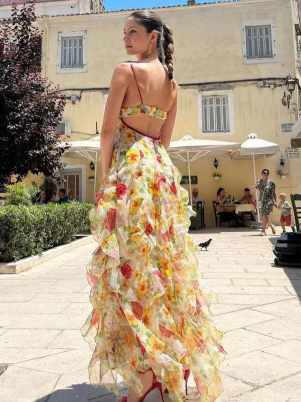 Beautiful Floral Ruffle Long Prom Dress,Formal Party Evening Gown