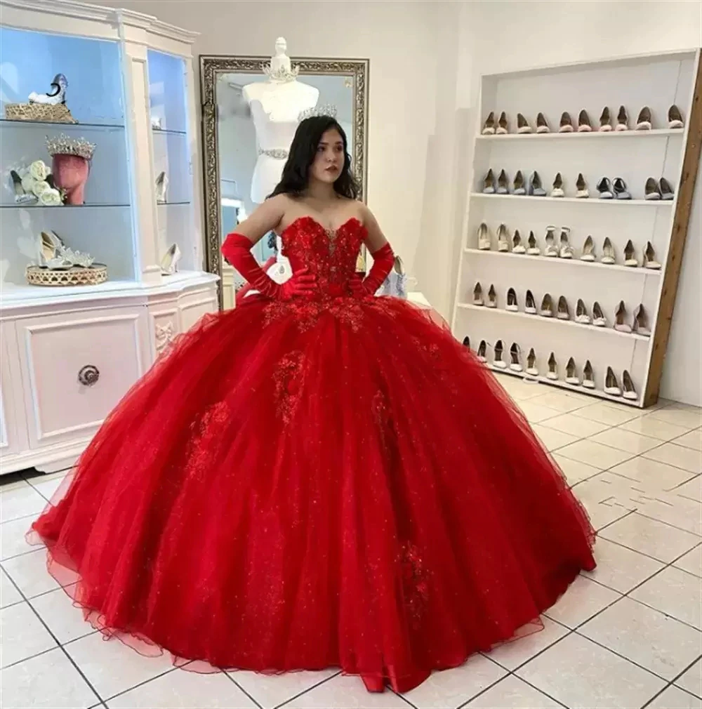 Red Quinceanera Dresses Sweetheart Lace Appliques Sweet 16 Dress Ball Gowns