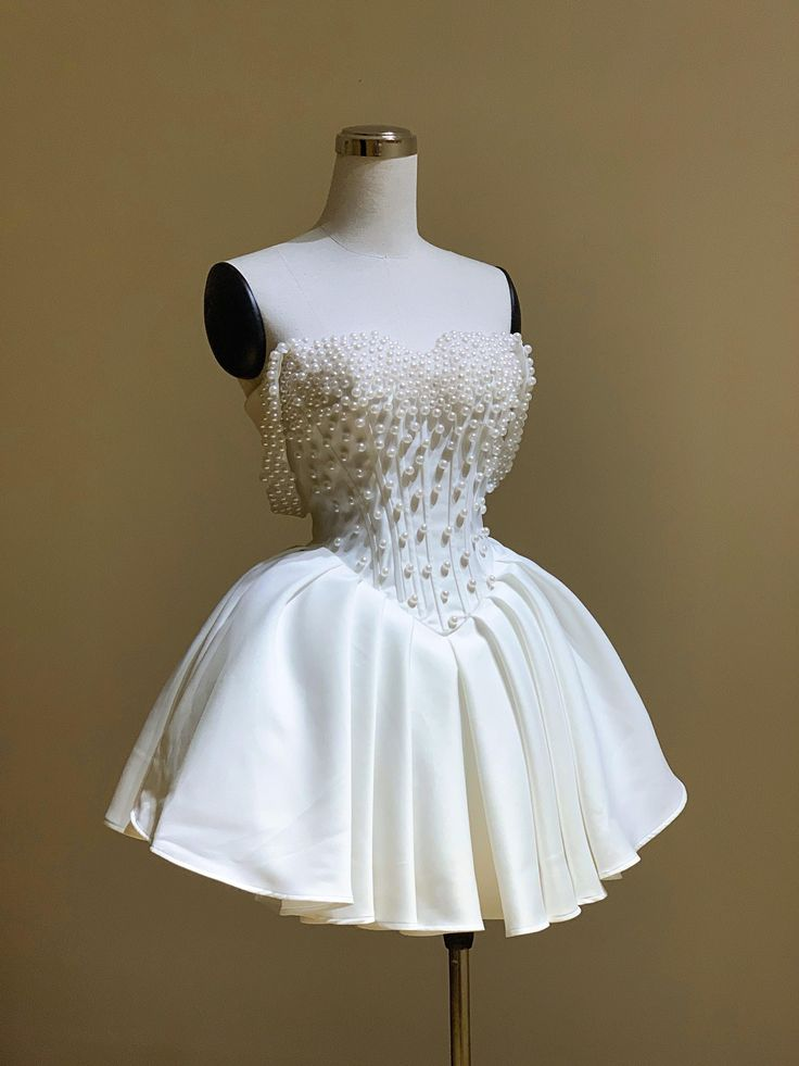 Classy Off The Shoulder Pearl Beaded Short Prom Dress White Formal Graduation Homecoming Dress