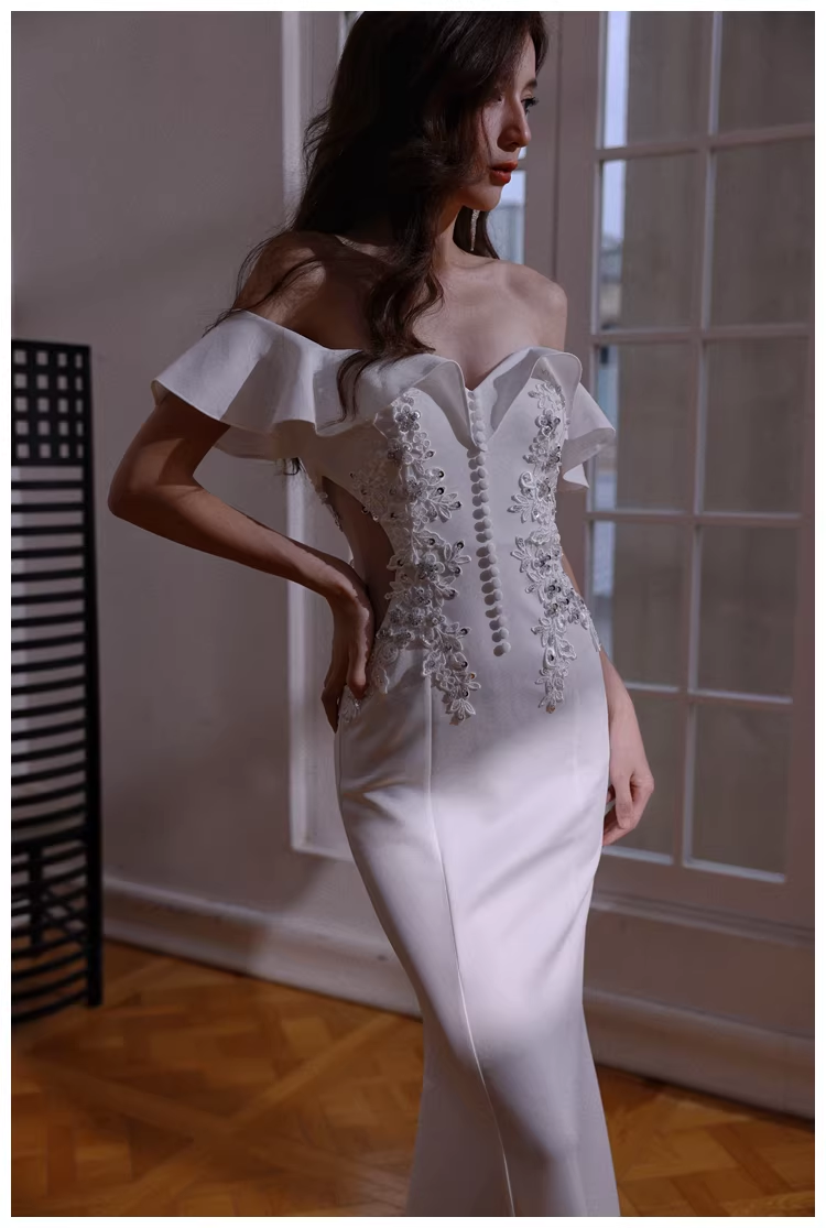 Elegant Off The Shoulder White Satin Appliques Mermaid Evening Dress Long Wedding Guest Dress