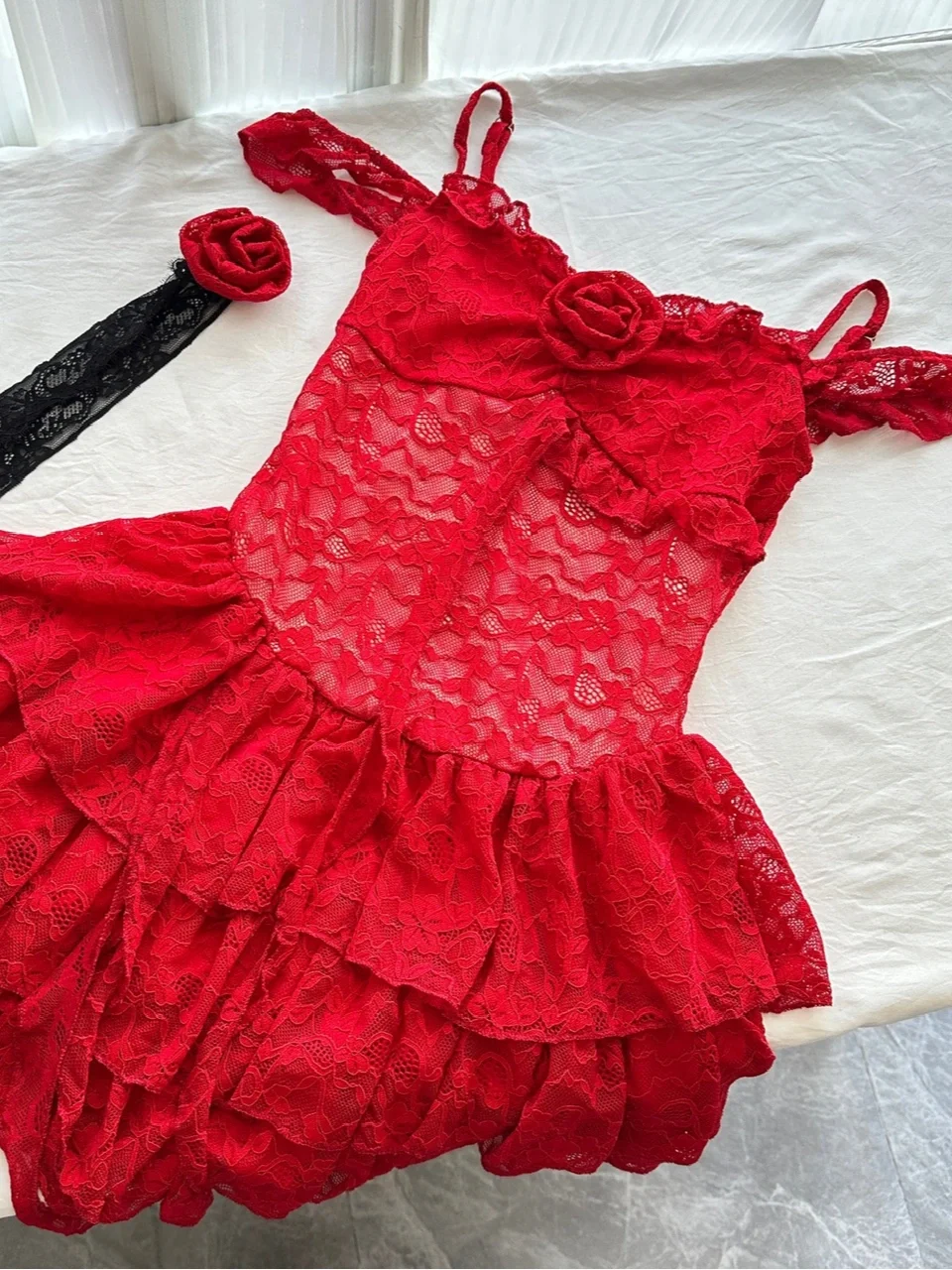 Stylish Red Lace Layered Homecoming Dress Spaghetti Strap Cocktail Dress Party Dress