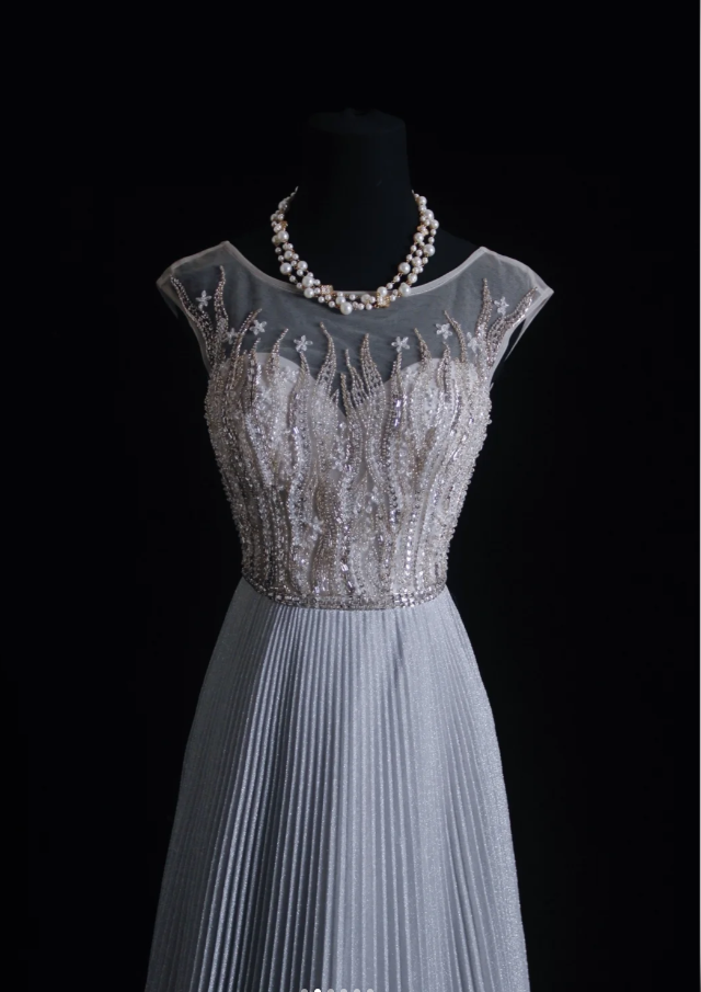 Pretty Gray Satin Pleated Sequin Beaded Long Wedding Guest Dress Party Dress