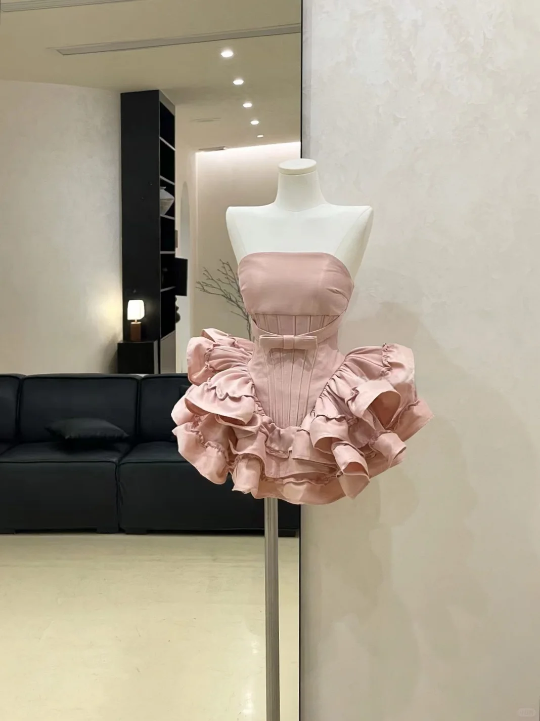 Classy Strapless Satin Ruffles Pleated Short Party Dress Pink Homecoming Dress
